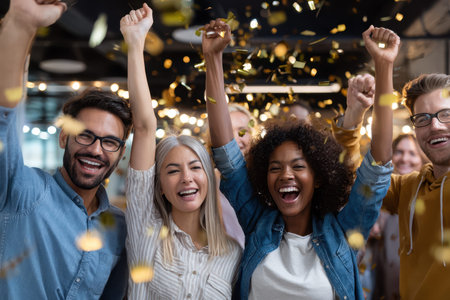 Group of friends cheer and smile while throwing confetti in a vibrant celebration atmosphere, full of excitement.