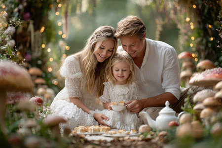 A joyful family shares a delightful tea party surrounded by enchanting mushrooms and soft glowing lights.