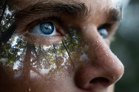 A close-up reveals a person s eyes reflecting intricate patterns of trees and greenery, enhanced by raindrops.