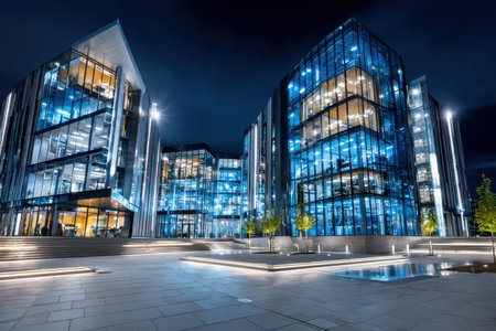 Modern glass office buildings illuminated at night