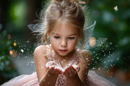 A young girl in a delicate dress delights in the magic of fairy dust while surrounded by greenery.