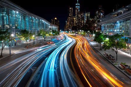 A longexposure photo captures light trails from vehicles on a city street at night