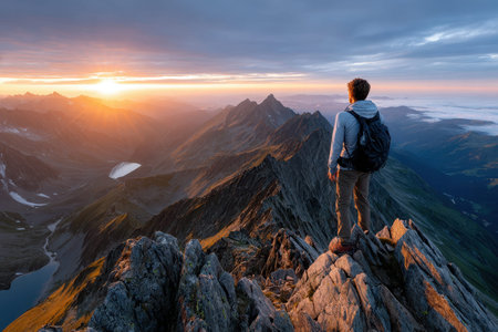 A hiker reaching a mountain peak at sunrise, shot with a drone, capturing the triumph of human endurance, ultrarealistic photo --ar 3:2 --raw --profile nk3i4wf --stylize 250 --v 7 Job ID: 71d0ef35-38c6-40dd-8fe4-4df08aff744f