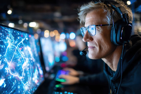 A dynamic shot of a professional esports player in action, showing concentration and determination, under neon lighting, using a fisheye lens on a mirrorless camera, where the player is a senior citizen, ultrarealistic photo --ar 3:2 --raw --profile nk3i4wf --stylize 250 --v 7 Job ID: 29f5f665-36d9-4246-866f-6e2fde0d628d
