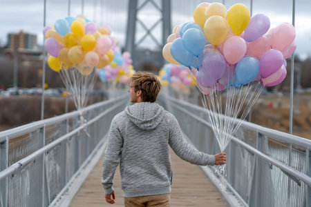 A person walks along a bridge while carrying a bunch of colorful balloons, enjoying the fresh air and scenery.