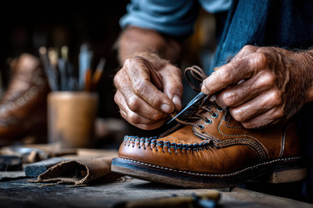 Closeup of hands lacing a leather boot in a workshop