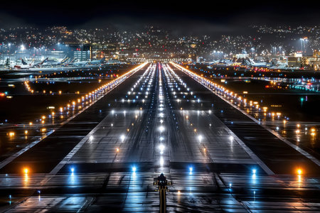 An empty airport runway is lit up at night with city lights in the background