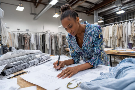 Creative professional drafts design ideas on paper at a fashion studio filled with fabrics and garments.