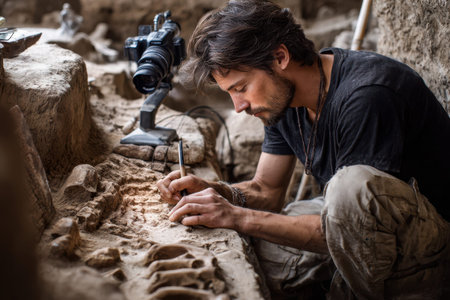 A researcher is documenting and studying ancient bones at a dig site, focusing on a significant discovery.