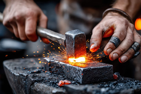 A blacksmith works on hot metal in a forge, striking it with a hammer as sparks fly in the warm light.