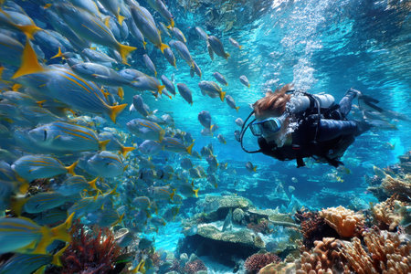 A diver glides through clear blue waters, surrounded by schools of lively fish and coral formations.