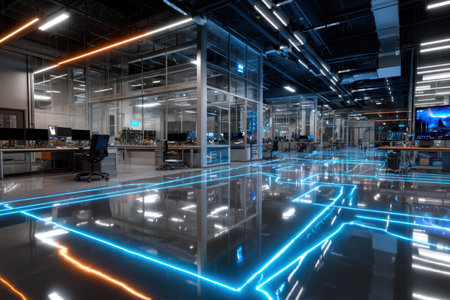 A modern, hightech control center with glowing neon lines on the floor