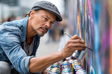 A man paints a colorful mural on a city wall