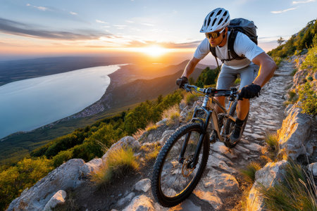 A mountain biker descends a rocky trail overlooking a lake at sunset