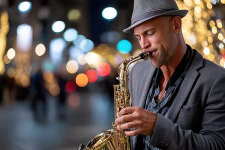 A talented saxophonist captivates an audience with smooth melodies while festive lights illuminate the street.