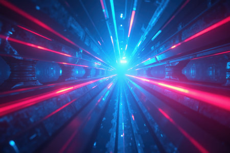 A futuristic corridor is filled with bright neon red and blue light beams radiating from a central point, evoking a sense of highspeed travel