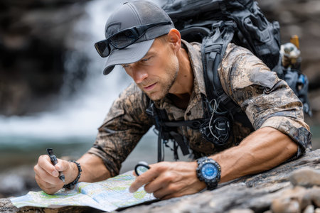 A hiker carefully examines a map while crouching on a rock beside a flowing stream in the forest.