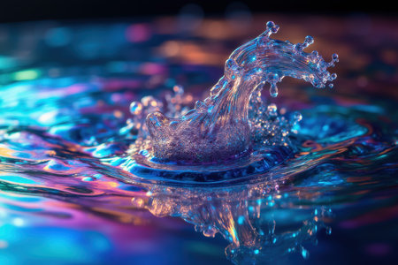 A vibrant highspeed macro photograph captures a colorful liquid splash with glowing neon reflections on a rippling water surface