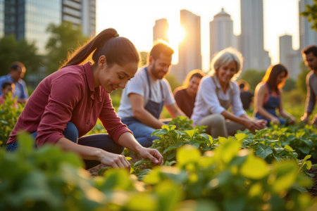 A diverse group of people work together to tend to plants in an urban community garden with city skyscrapers in the background during sunset