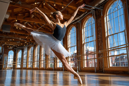A skilled ballet dancer in a black leotard and white tutu leaps gracefully across a sunlit wooden floor.