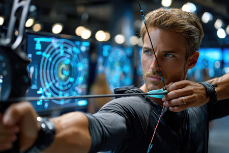An archer aims at a target in a modern indoor archery range