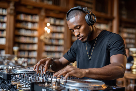A DJ skillfully mixes music at a vibrant event in a beautifully decorated library setting.