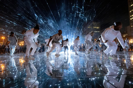 Dancers in white clothing perform on an illuminated stage at night