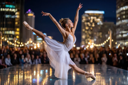 A captivating shot of a ballerina performing on a city rooftop, expressing freedom and passion, under the soft glow of city lights, using a 50mm prime lens on a mirrorless camera, where a crowd has gathered to watch her, ultrarealistic photo --ar 3:2 --raw --profile nk3i4wf --stylize 250 --v 7 Job ID: 16e7ceec-60cd-4801-98cb-ad08f274306e