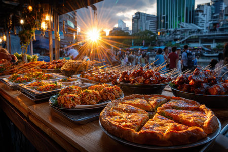 A vibrant street food market in Bangkok at sunset, evoking a sense of adventure, in dramatic, low-angle lighting, using a wide-angle lens.