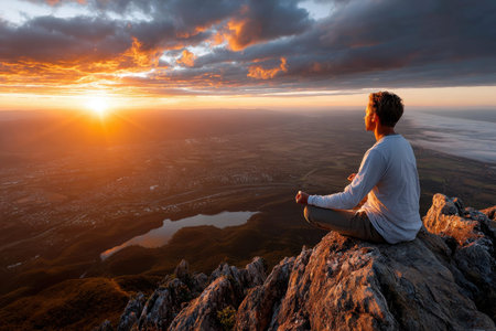 A man meditates on a mountain peak, overlooking a valley at sunrise