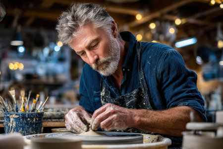 An artisan works with clay on a pottery wheel in a cozy workshop