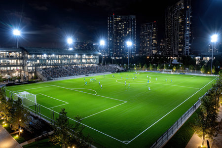 A soccer game is played at night on a brightly lit field in a city