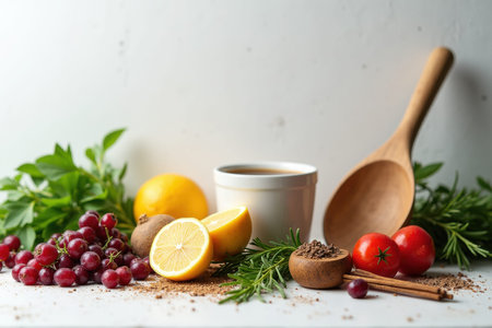 Various fresh produce, spices, and a hot beverage are displayed on a white surface against a light background