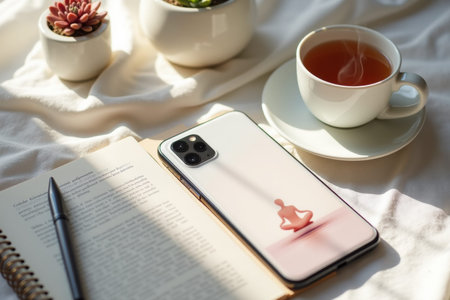 A serene overhead shot captures a minimalist desk setup with a steaming cup of tea, a smartphone displaying a meditation figure, a notebook, a pen, and small potted succulents bathed in soft morning light