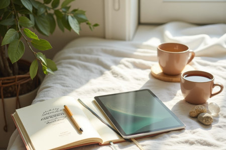 A beautifully lit scene showcases a relaxed workspace with a notebook, pen, tablet, and two cups on a soft, lightcolored fabric surface, accompanied by a green plant