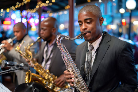 A lively jazz band performing in a New Orleans club, expressing rhythm and soul, in moody, low-light, using a 50mm lens, with a surprise saxophone solo., ultrarealistic photo --ar 3:2 --raw --profile nk3i4wf --stylize 250 --v 7 Job ID: c18d9aac-2cf7-4170-accb-3a846a58b7da