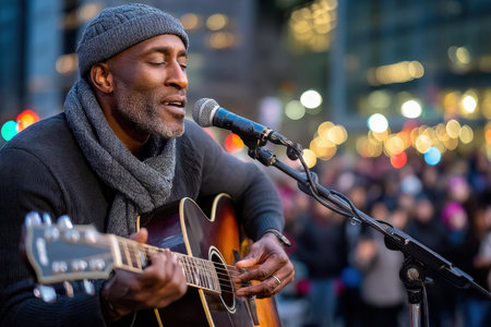 A musician sings and plays acoustic guitar for a crowd outdoors at night