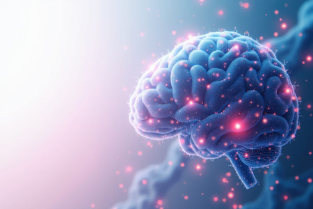 A vibrant blue brain rendered with glowing red particles illustrates complex neural activity against a soft gradient background