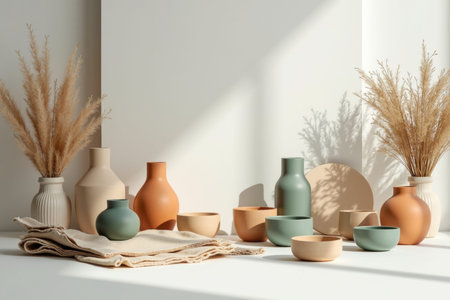 A minimalist display of various ceramic vases, bowls, and dried pampas grass is arranged on a white surface with natural light and shadows