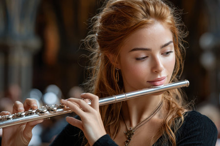 A talented musician performs on the flute, captivating the audience in an ornate venue filled with light.