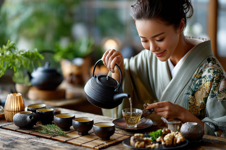 A woman in traditional attire pours tea from a ceramic pot into a small cup, surrounded by a cozy setting.
