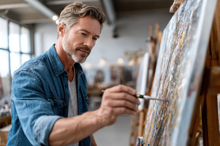 A man painting a canvas in a studio, under bright, natural light, with a sudden flick of a paintbrush, ultrarealistic photo