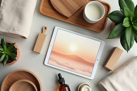 An overhead flat lay displays various wellness and lifestyle items surrounding a tablet with a sunset screen