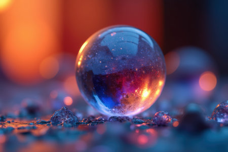 A clear glass sphere rests on a wet, stony surface, reflecting vibrant shades of blue, purple, and orange light with a soft bokeh background