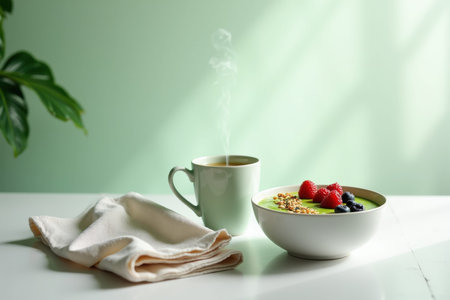 A vibrant green smoothie bowl topped with berries and granola is placed next to a steaming mug and folded napkin on a white table
