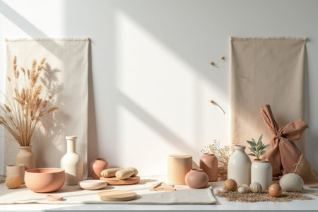 This image features a minimalist arrangement of naturaltoned decorative objects, including vases, bowls, and fabrics, set against a white wall with natural light and shadows