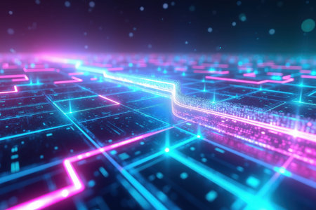 An abstract digital background features a network of glowing blue and pink lines representing data flow or a circuit board
