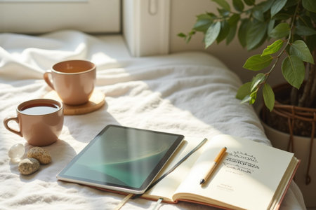 A beautifully lit scene showcases a relaxed workspace with a notebook, pen, tablet, and two cups on a soft, lightcolored fabric surface, accompanied by a green plant