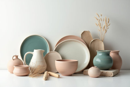 An aesthetically arranged still life features a collection of ceramic and pottery items in earthy and muted tones, complemented by dried natural elements against a plain background
