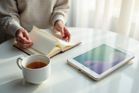 A persons hands are turning pages in a book next to a cup of tea and a tablet on a white table